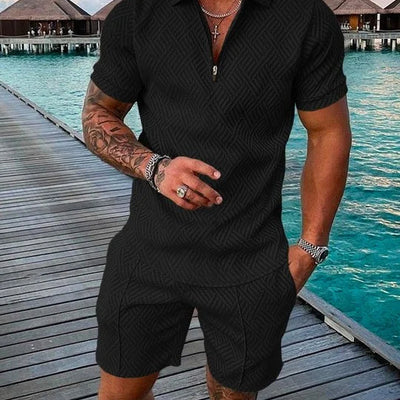 LEON | POLO SHIRT & SHORTS SET IN MIDNIGHT BLACK